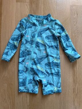Carter's Blue Shark Print Long-Sleeve One-Piece Swimsuit